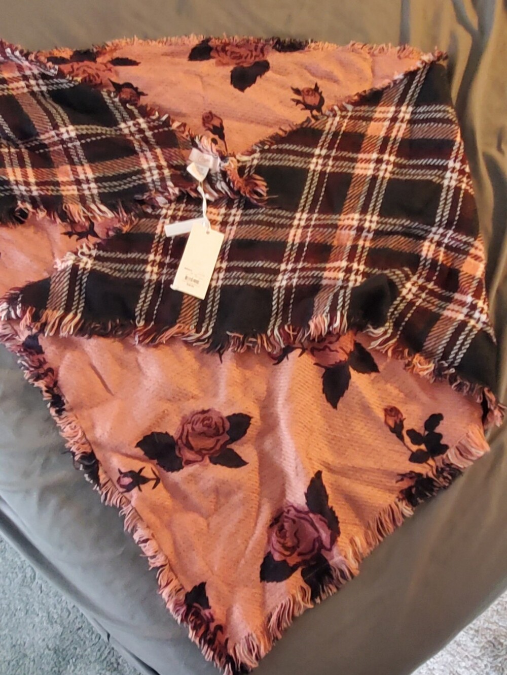 Candie's Plaid & Floral Fringe Scarf in Pink and Black